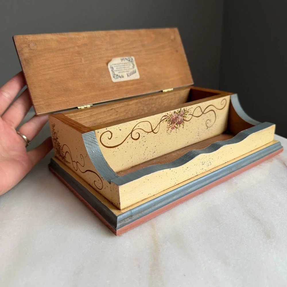 Vintage‎ C Hawkins 1989 Hand Painted Wooden Desk Organizer Stationery Box Floral